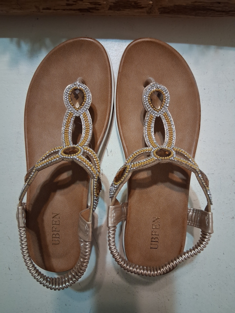 Women’s Tan Jeweled T-Strap Sandals